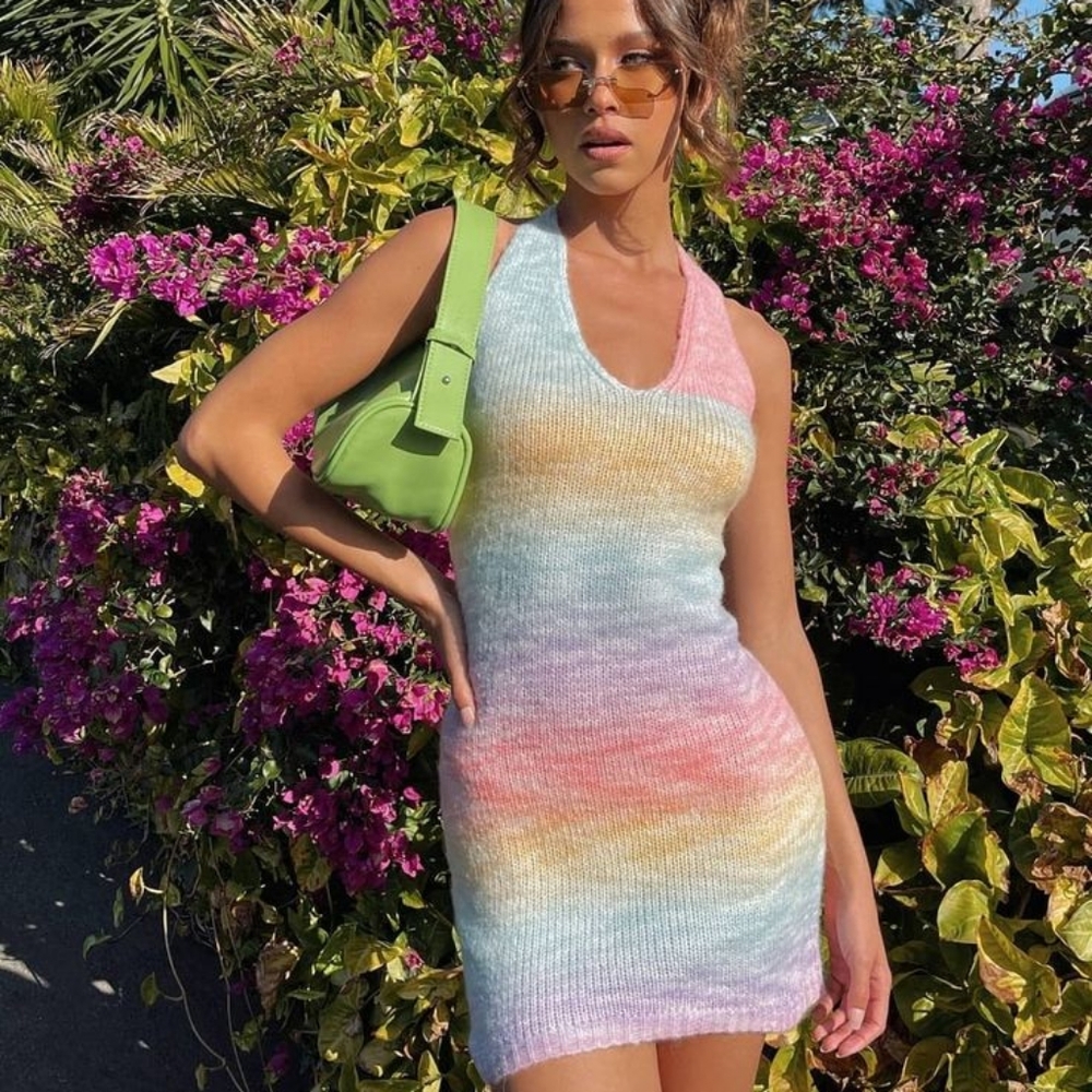 Princess Polly Blair Mini Knit Halter Dress Pink Purple Yellow Medium Large